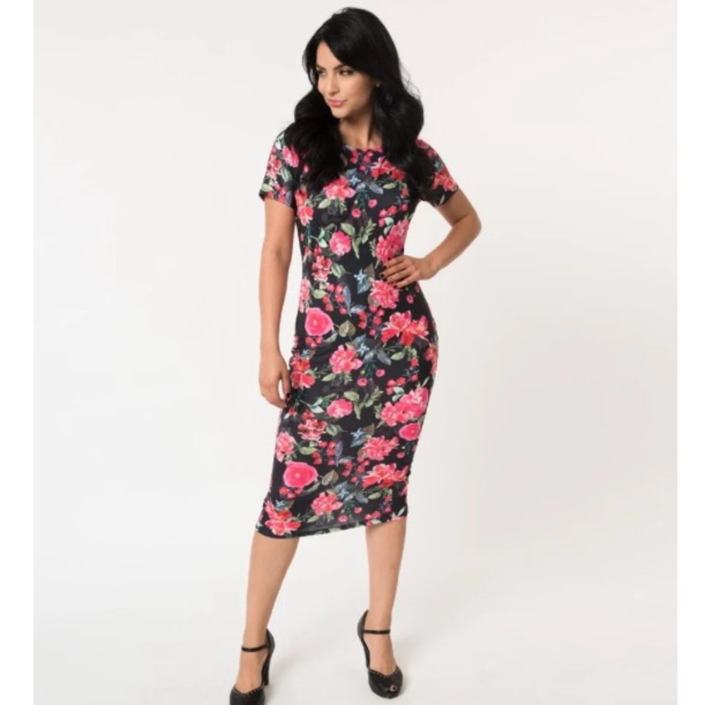 Unique Vintage Pink and black floral knit presley wiggle dress